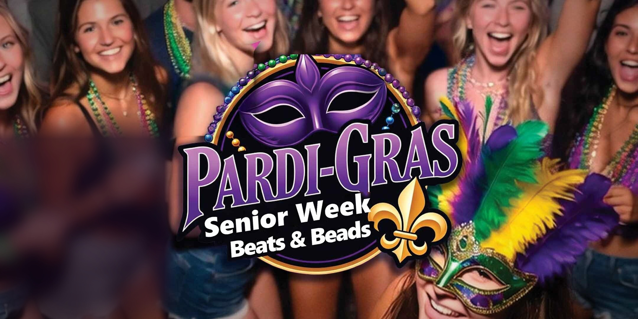 Pardi Gras beads and masks party artwork for Myrtle Beach Senior Week